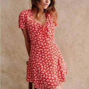 Sezane Norabel Silk Red Cara Floral Print Front Tie Short Dress Size EU 44 US 12